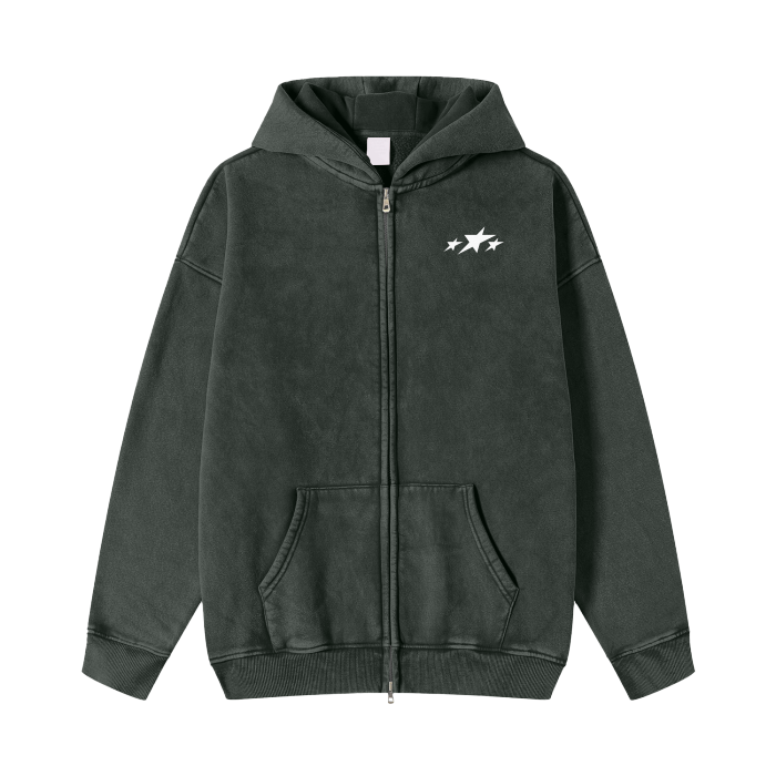 Streetwear Acid Washed Zip Fleece Hoodie Jacket